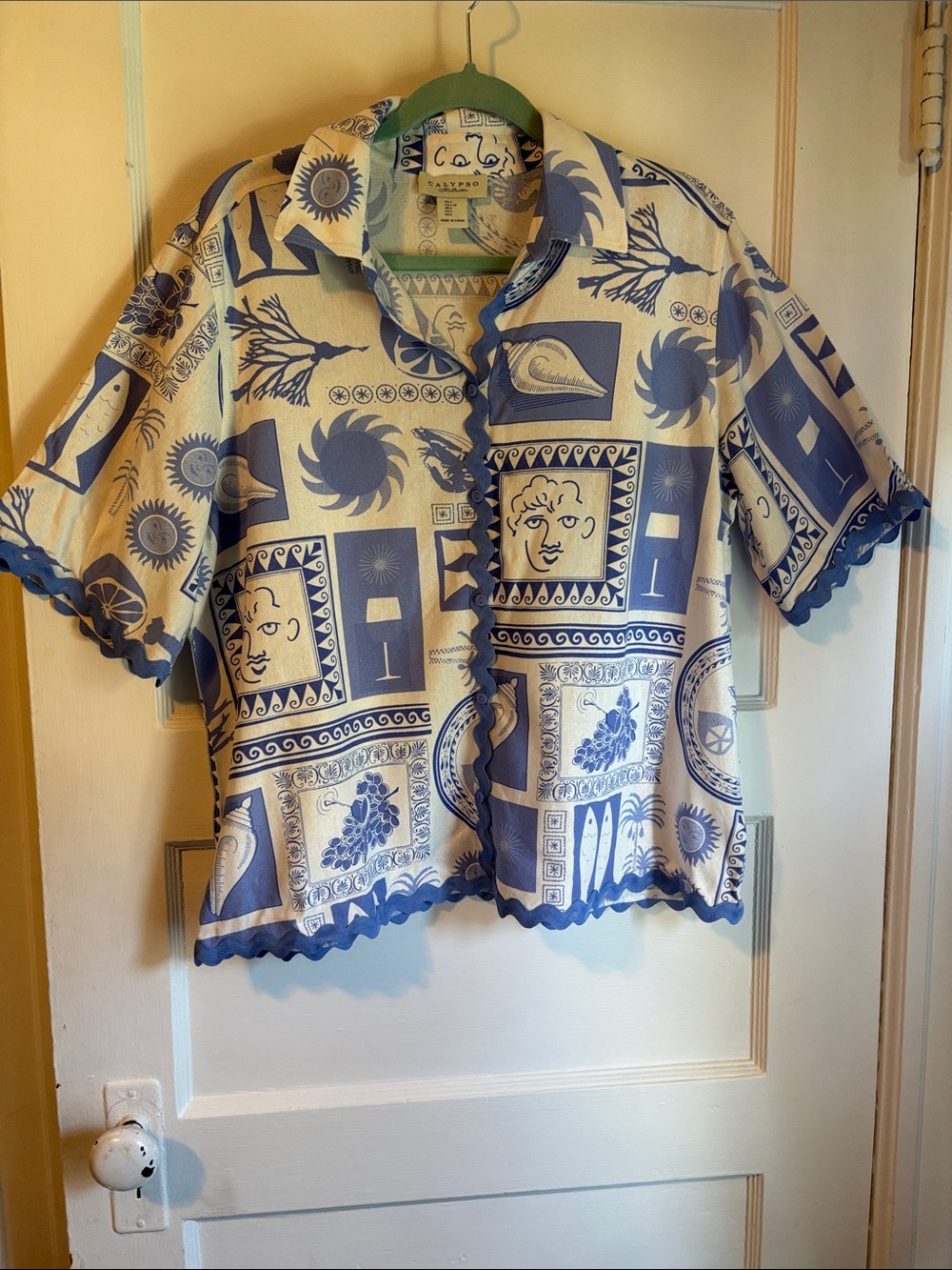 Calypso St. Barth Blue and Cream Mediterranean Print Button-Down Top